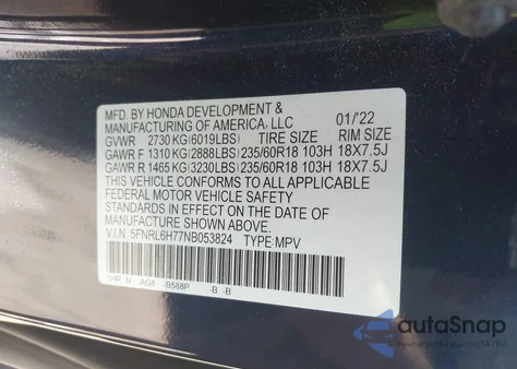 2022 Honda Odyssey Ex-L из США, поврежденный, VIN 5FNRL6H77NB053824